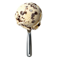 Delicious chocolate chip ice cream scoop on a silver ice cream scoop isolated on white background, Chocolate chip ice cream scoop, top view, isolated on white background png