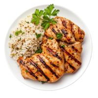Grilled chicken served with seasoned rice on a clean white background for a fresh meal presentation, Grilled Chicken with Riceisolated on white background png