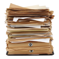 Stacked paperwork overflowing from a file folder on a workspace, Files documents paper work folder file folder paperwork isolated png