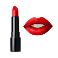 Shiny red lipstick with lips in clean white display. Isolated on transparent Background png
