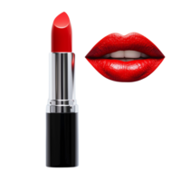 Red lipstick tube with glossy lips on white background. Isolated on transparent Background png