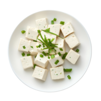 Tofu cubes seasoned with green onions served on a white plate against a plain Transparent background, tofu in white plate isolated on background png