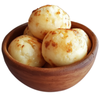 Cheese bread balls in a brown bowl resting on a wooden table, highlighting a savory snack experience, Brown Bowl Filled With Cheese Bread on Table. de Queijo On a white background png