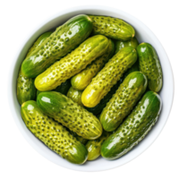 Pickled gherkins in white bowl showcasing vibrant green colors and unique texture of marinated cucumbers, Pickled gherkins, marinated cucumbers isolated on Transparent background png