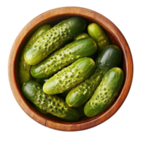 Freshly pickled cucumbers in a wooden bowl ready for serving at a rustic kitchen table, Pickled cucumber in wooden bowl top view isolated on Transparent background png