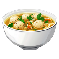 Hearty Chicken Soup with Noodles and Meatballs in Ceramic Bowl Isolated on transparent Background png