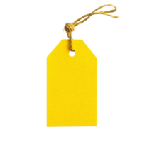 Bright yellow paper tag with string knot for labeling crafts Isolated on transparent Background png