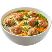 Fresh Chicken Noodle Soup with Meatballs and Green Herbs Isolated on transparent Background png