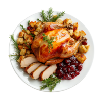 Christmas dinner roast turkey with stuffing and cranberry presentation. Isolated on transparent Background png