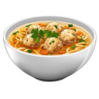 Hot Chicken Noodle Soup with Seasoned Meatballs and Fresh Garnish Isolated on transparent Background png
