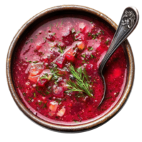 Traditional red beetroot soup with smooth texture and herbs. Isolated on transparent Background png