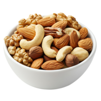 A bowl of crunchy mixed nuts including almonds, walnuts, and cashews, isolated on transparent background png