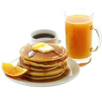 A set of pancakes with coffee and orange juice, perfect breakfast scene, isolated on transparent background png