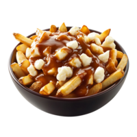 A comforting bowl of poutine with crispy fries, cheese curds, and rich gravy, isolated on transparent background png