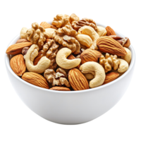 A bowl of fresh mixed nuts including almonds, walnuts, and cashews, isolated on transparent background png