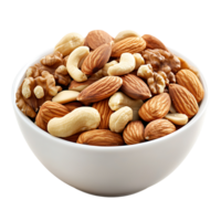 A bowl of mixed nuts including almonds, walnuts, and cashews, isolated on transparent background png