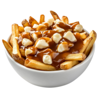 A classic bowl of poutine with crispy fries, cheese curds, and rich gravy, isolated on transparent background png