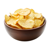 A bowl of crispy golden potato chips, perfect for snacking, isolated on transparent background png