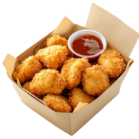 A set of crispy chicken nuggets in a box with dipping sauce, isolated on transparent background png