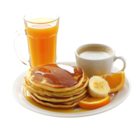 A set of pancakes, coffee, and orange juice for a delicious breakfast, isolated on transparent background png