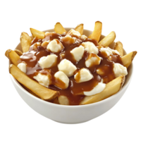 A bowl of delicious poutine with crispy fries, cheese curds, and rich gravy, isolated on transparent background png