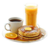 A collection of pancakes with coffee and orange juice for breakfast, isolated on transparent background png