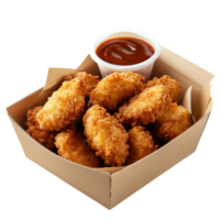 A collection of crispy chicken nuggets served with dipping sauce, isolated on transparent background png