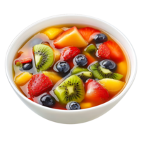 A vibrant fruit soup with strawberries, blueberries, and kiwi in a colorful bowl, isolated on transparent background png
