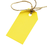 Decorative yellow paper tag with thick twine for gifts and notes Isolated on transparent Background png