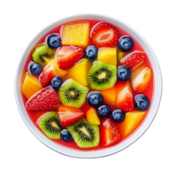 A colorful bowl of vibrant fruit soup with strawberries, blueberries, and kiwi, isolated on transparent background png