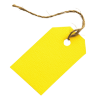 A bright yellow rectangular paper tag with rustic twine string for crafts Isolated on transparent Background png