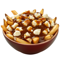A savory bowl of poutine with crispy fries, cheese curds, and rich gravy, isolated on transparent background png