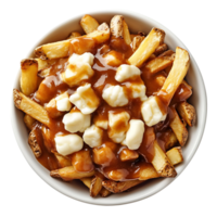 A hearty bowl of poutine with crispy fries, cheese curds, and rich gravy, isolated on transparent background png