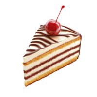 A charming 3D cartoon slice of cake topped with a cherry, isolated on transparent background png