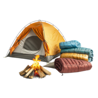 A camping scene with a tent, sleeping bags, and a cozy campfire setup, isolated on transparent Background png