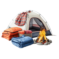 A camping scene with a tent, sleeping bags, and a campfire setup, creating a relaxing outdoor retreat, isolated on transparent Background png
