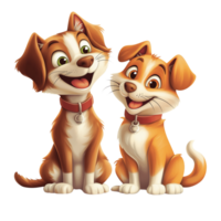 A cartoon cat and dog sitting side by side, both smiling and looking friendly, isolated on transparent Background png