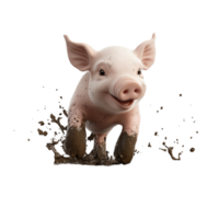 A vibrant 3D piglet splashing happily in a muddy puddle, isolated on transparent Background png
