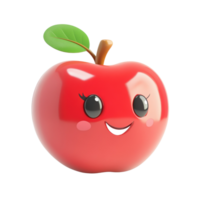 A joyful 3D cartoon apple with shiny red skin and a leaf, isolated on transparent background png