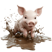 A playful 3D piglet splashing joyfully in a muddy puddle, isolated on transparent Background png
