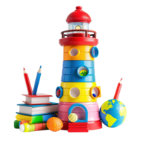 A colorful toy lighthouse featuring educational icons like books, pencils, and a globe, isolated on transparent background png