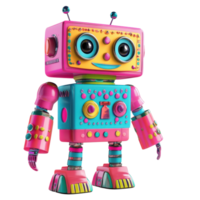 A cheerful 3D toy robot with expressive eyes and a bright smile, standing upright, isolated on transparent background png