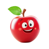 A cheerful 3D cartoon apple with a shiny red skin and leaf, isolated on transparent background png
