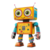 A colorful 3D toy robot with expressive eyes and a bright smile, cartoon style, isolated on transparent background png