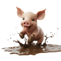 A happy 3D piglet splashing in a muddy puddle, isolated on transparent Background png