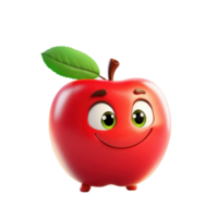 A bright 3D cartoon apple with a shiny red skin and a leaf, isolated on transparent background png