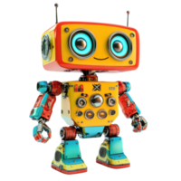 A fun 3D toy robot with bright colors, expressive eyes, and a cheerful smile, isolated on transparent background png