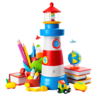 A colorful toy lighthouse with educational icons like books, pencils, and a globe, isolated on transparent background png