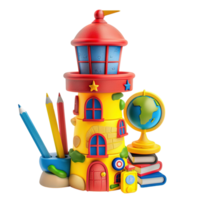 A brightly colored toy lighthouse with educational icons like books, pencils, and a globe, isolated on transparent background png