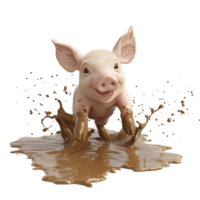 A joyful 3D piglet making a splash in a muddy puddle, isolated on transparent Background png